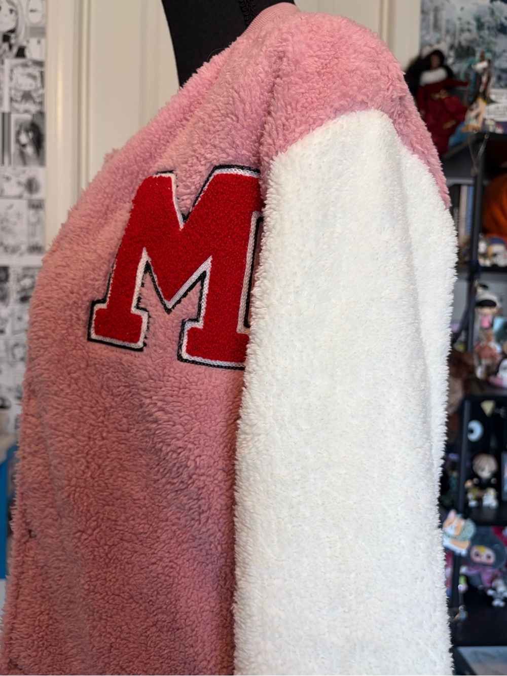 Pink Sherpa Varsity Jacket with White Sleeves - Picture 2 of 3